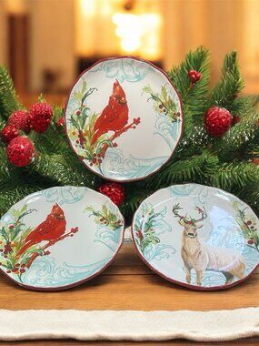 Thirty Fourth & Main Set Of 3 Christmas Plates Cardinal Deer Salad Dessert 8.25"